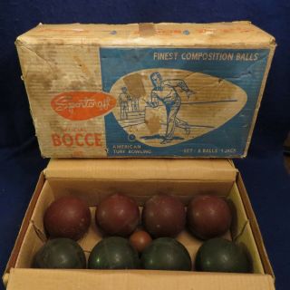 Vintage Sportcraft Wood Bocce Ball Set 101025 W/ Etched Patterns