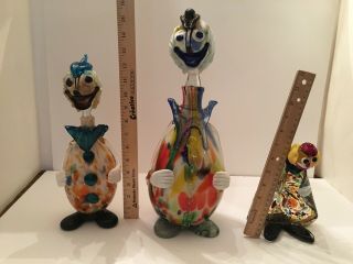 Vintage 3 Mid Century Murano Italy 8,  12,  &15 Inch Clowns Blown Glass