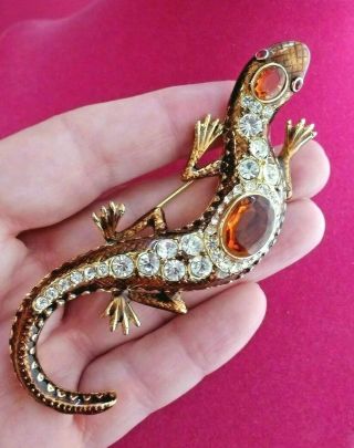 Vtg Kjl Kenneth Lane Jeweled Huge Amber Rhinestone Enamel Salamandar/lizard Pin