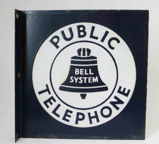 Vintage Bell System Public Telephone Porcelain Enamel 11 " Flange Sign 2 Sided