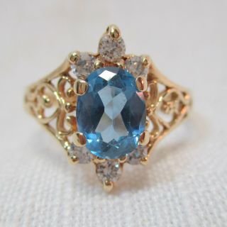 Vintage Estate 10k Gold Blue Topaz & Diamond Ring - 2.  8 Grams - Size 8.  5