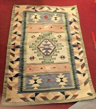 Navajo Native American Old Vintage Hand Woven Wool Rug Pale Color Vegetable Dye