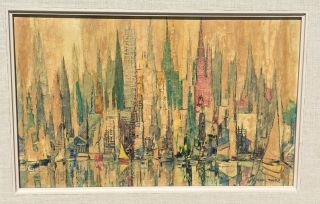 Vintage Painter Carl Thorp (1912 - 89) Skyline - Nyc Oil On Masonite Painting 1963