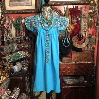 Absolutely Vintage Turquoise Mexican Oaxacan Embroidered Dress Sz S/m