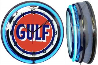 Gulf Gas Oil Vintage Logo 19 " Blue Neon Clock Man Cave Bar Garage