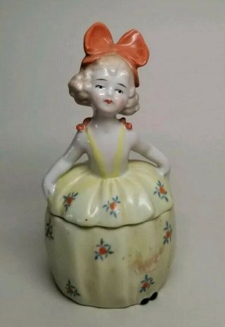 Vintage 1920s Girl W Bow Dresser Half Doll Trinket Powder Vanity Box Jar Germany