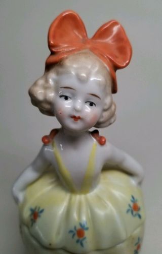 Vintage 1920s Girl w Bow Dresser Half Doll Trinket Powder Vanity Box Jar GERMANY 5