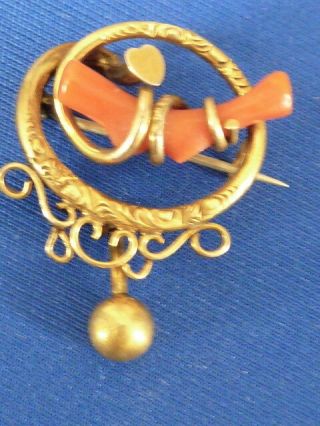 Victorian Fine Coral 10k Yellow Gold Dangle Antique Estate Jewelry Pin Brooch