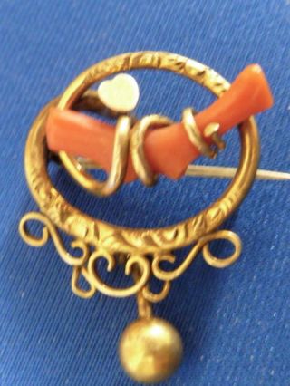 Victorian fine coral 10k yellow gold dangle antique estate jewelry pin brooch 3