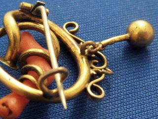 Victorian fine coral 10k yellow gold dangle antique estate jewelry pin brooch 8