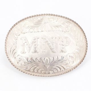 Vtg Sterling Silver State Western Engraved Monogram " Mnp " Belt Buckle 116.  5g