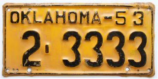 Vintage Oklahoma 1953 Tulsa County License Plate,  3333,  Quadruple Number