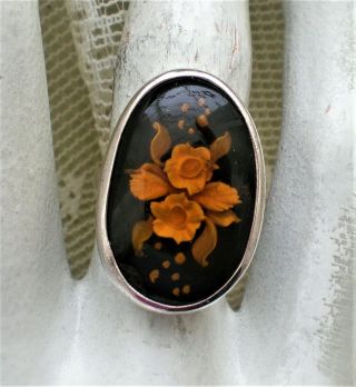 Vintage Sterling Silver Carved Honey Amber Flower Bouquet Intaglio Cameo Ring