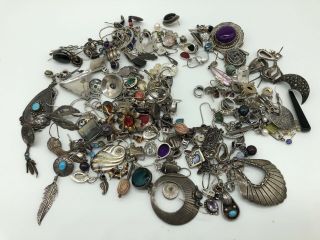 Vintage Sterling Silver Single Earrings - Gemstones & More Scrap 11 Oz