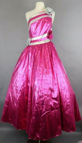 Vtg 80s Prom Dress Ball Gown Pink Metallic Lame Puffy One Shoulder