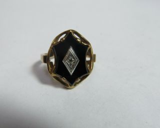 Unusual 10k Solid Gold Vintage Ring With Star Shape Cut Onyx And Diamond