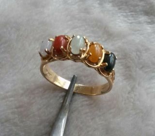 Vintage 14k Yellow Gold Signed Ea Multi Color Oval Jade Ring Size 6 Mc5r