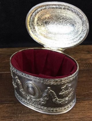 Vtg Silver Oval Box Hinged Lid Velvet Lined Trinket Catch All Ornate No Damage