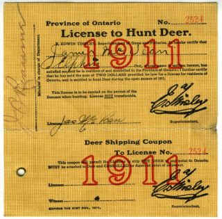 1911 Province Of Ontario,  License To Hunt Deer,  Issued To James Mcvean