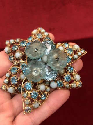 Vintage Miriam Haskell Blue Rhinestone & Poured Glass Flower Pin Brooch Ornament