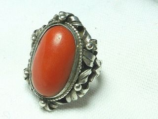 Antique Arts And Crafts Silver Large Natural Salmon Coral Ring