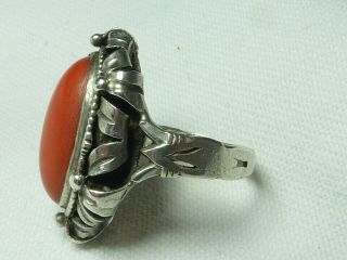 ANTIQUE ARTS AND CRAFTS SILVER LARGE NATURAL SALMON CORAL RING 2