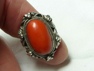 ANTIQUE ARTS AND CRAFTS SILVER LARGE NATURAL SALMON CORAL RING 4