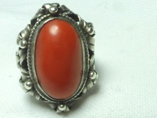 ANTIQUE ARTS AND CRAFTS SILVER LARGE NATURAL SALMON CORAL RING 5