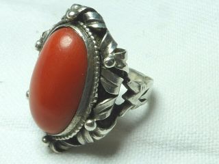 ANTIQUE ARTS AND CRAFTS SILVER LARGE NATURAL SALMON CORAL RING 6