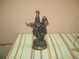Vintage Hindu Statue Of Krishna Playing The Flute & His Consort Radha 13 " X 5 "