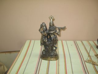 Vintage Hindu statue of Krishna playing the flute & his consort Radha 13 