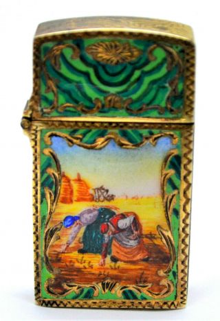 Vintage Hand Engraved 800 Silver & Enamel Zippo Case W/ Insert,  " The Gleaners.  "