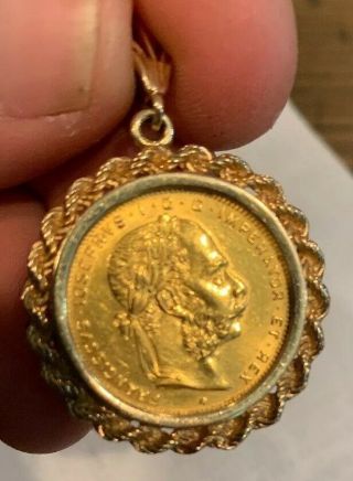1892 Austria SOLID GOLD COIN Mounted in a 14K Hand Crafted Fine Vintage Pendant. 12
