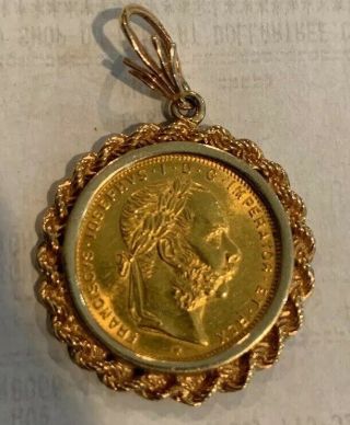 1892 Austria Solid Gold Coin Mounted In A 14k Hand Crafted Fine Vintage Pendant.