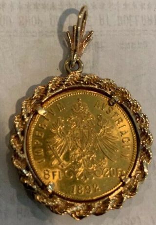 1892 Austria SOLID GOLD COIN Mounted in a 14K Hand Crafted Fine Vintage Pendant. 2