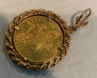 1892 Austria SOLID GOLD COIN Mounted in a 14K Hand Crafted Fine Vintage Pendant. 7