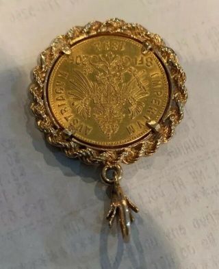1892 Austria SOLID GOLD COIN Mounted in a 14K Hand Crafted Fine Vintage Pendant. 8