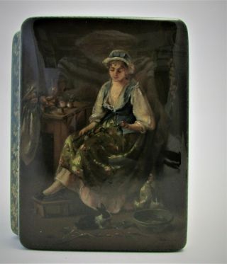 Russian Vintage Hand Painted Lacquer Box Fedoskino A Girl With Rabbits