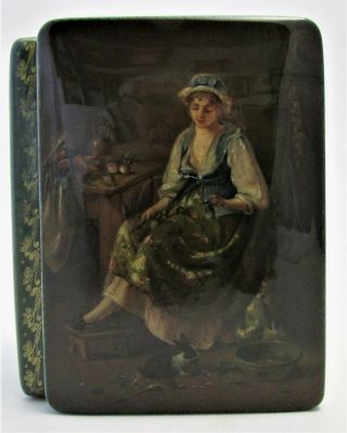 Russian Vintage Hand Painted Lacquer Box Fedoskino A Girl with Rabbits 2