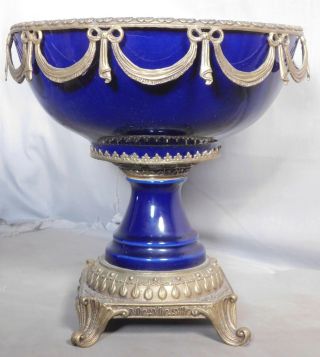 Vintage Bronze Mounted Porcelain Center Piece Compote Cobalt Blue Ala Sevres 80s