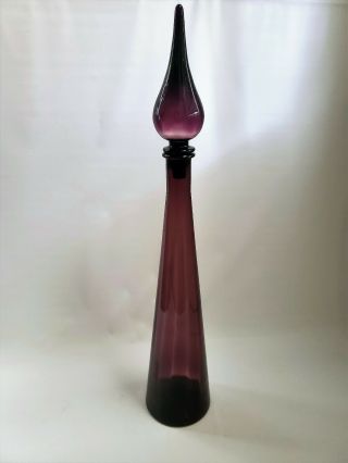 Vintage Mid Century Modern Genie Bottle Art Glass Amethyst Empoli 26.  5 