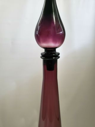 Vintage Mid Century Modern Genie Bottle Art Glass Amethyst Empoli 26.  5 