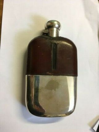 Antique Silver Plate Glass And Leather William Hutton & Sons Large Hip Flask