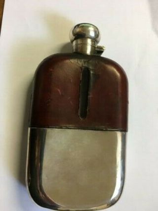 Antique silver plate glass and leather William Hutton & Sons large hip flask 2