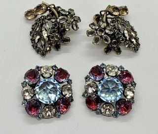 2 Pair Fantastic Vintage Schreiner Multi Colored Rhinestone Earrings