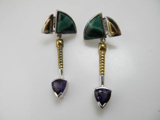 Neat Vintage Gold Over Sterling Silver Malachite Amethyst Earrings