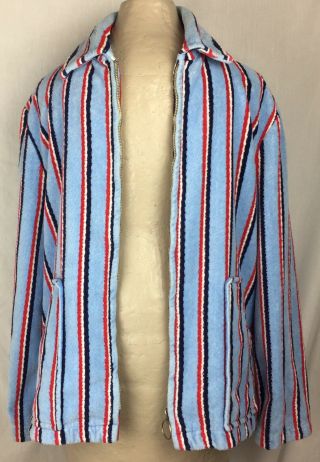 Vintage State O Maine Terry Cloth Cabana Jacket Swim Zippered Blue Striped Sz L
