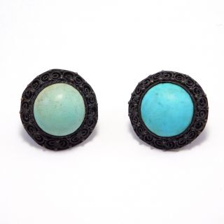 Old Chinese Turquoise Filigree Earrings Leverbacks