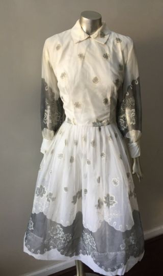 Swing Vintage 50s Mid Century Tea Sheer Organza Poet Sleeve White Floral Dress M