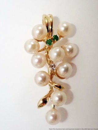 Vintage Mid Century 14k Gold Fine Diamond Natural Emerald Pearl Pendant Enhancer